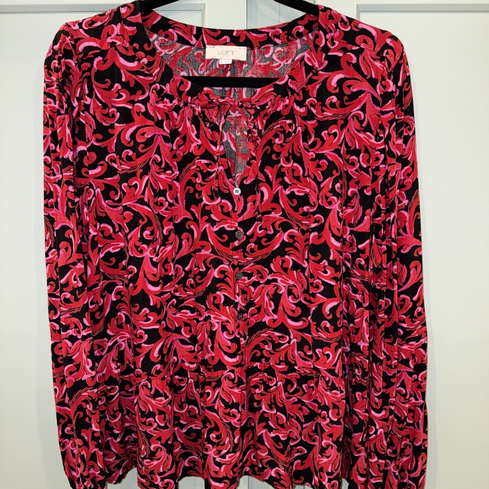 LOFT‎ Top Blouse size XL, Black Red Pink Puff Sleeve Babydoll V Neck Casual Work